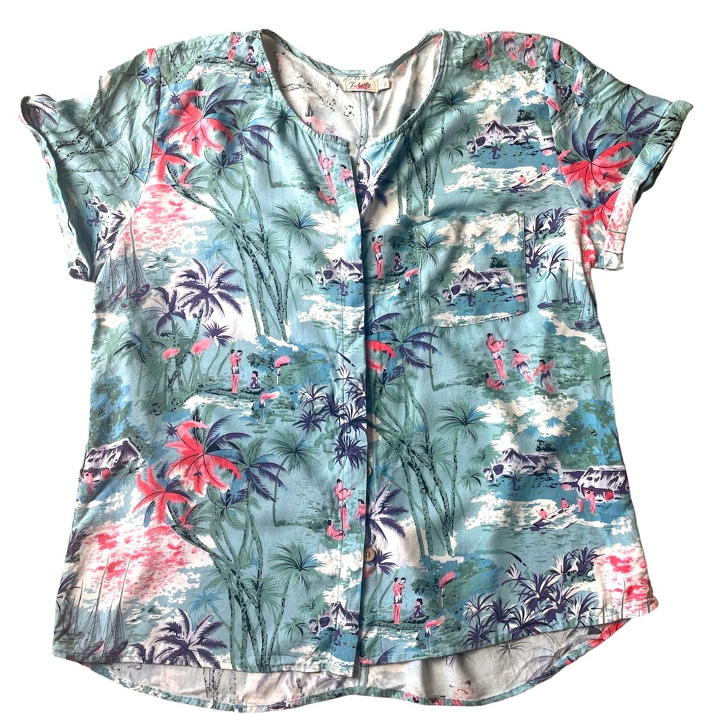 Faherty Hawaiian Print Button Down Blue Green Pink Size Large